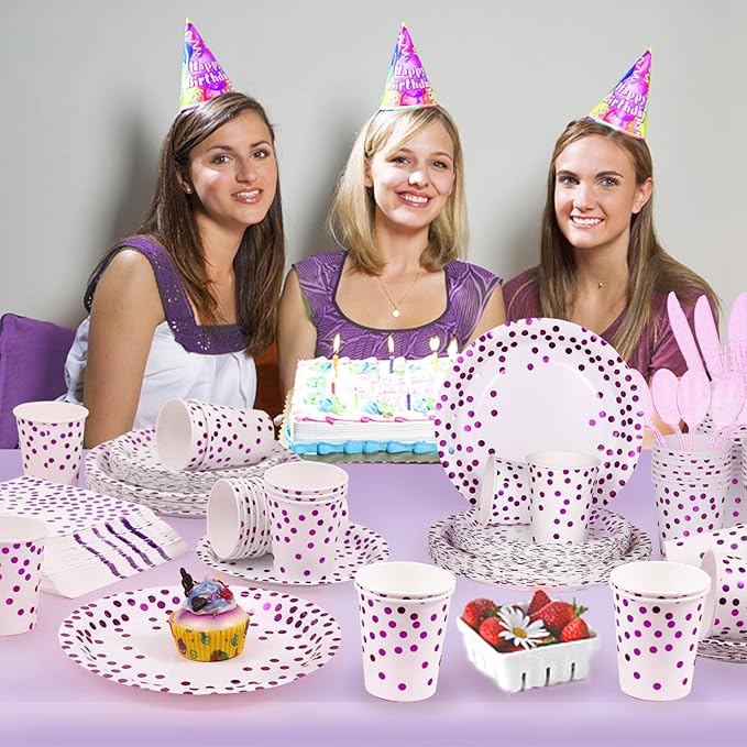 Purple Birthday Plates Decorations Party Supplies,168PCS Disposable Plates for 24 Guests - Purple Polka Dots Decorations for Birthday, Retirement, Wedding
