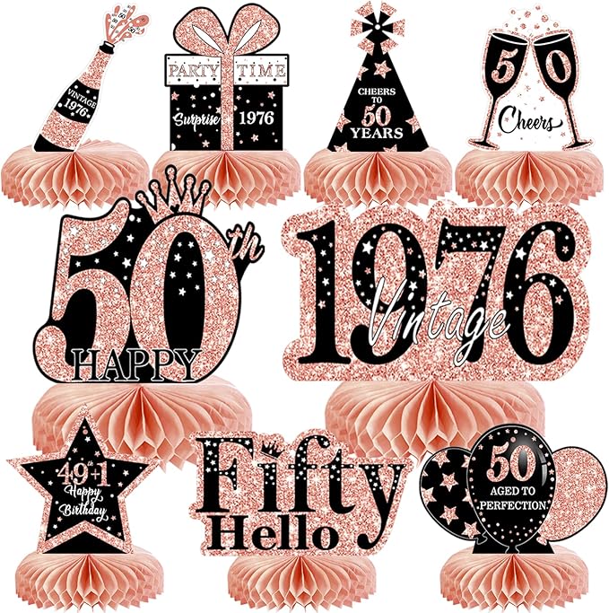 9Pcs 50th Birthday Decorations Honeycomb Centerpieces for Women, Rose Gold Pink Happy 50th Birthday Centerpieces Tables Toppers Party Decorations Supplies, Vintage 1976 Aged Table Sign Decor