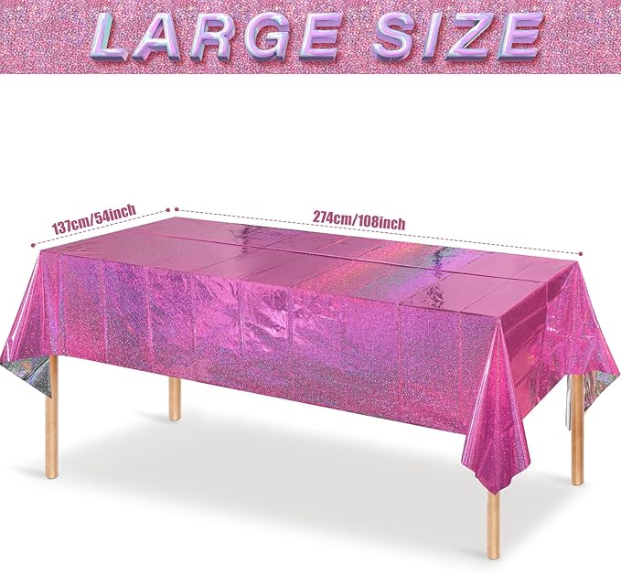 4 Pack Iridescence Plastic Tablecloths Shiny Disposable Laser Rectangle Table Covers Holographic Foil Tablecloth Iridescent Kpop Birthday Bridal Wedding Christmas Party Decoration, 54" x 108" (Pink)
