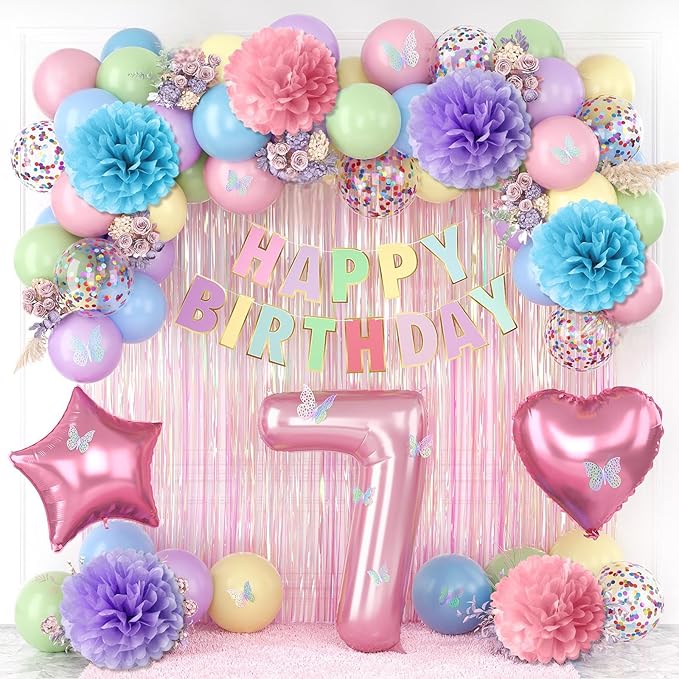 Pastel 7th Birthday Party Decorations for Girls Number 7 Balloon Happy Birthday Banner Butterfly Stickers Fringe Curtain Paper Pom Poms Macaron Pink Star Heart Foil Colorful Balloons 7 Year Old Decor