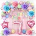 Pastel 7th Birthday Party Decorations for Girls Number 7 Balloon Happy Birthday Banner Butterfly Stickers Fringe Curtain Paper Pom Poms Macaron Pink Star Heart Foil Colorful Balloons 7 Year Old Decor
