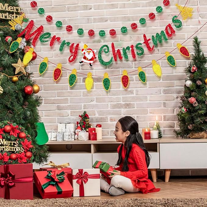 Christmas Banner Decorations - Glitter Merry Christmas Banner - Christmas Decorations, Indoor/Outdoor Party Supplies for Holiday Decor, Home, Office, Classroom, Fireplace and more