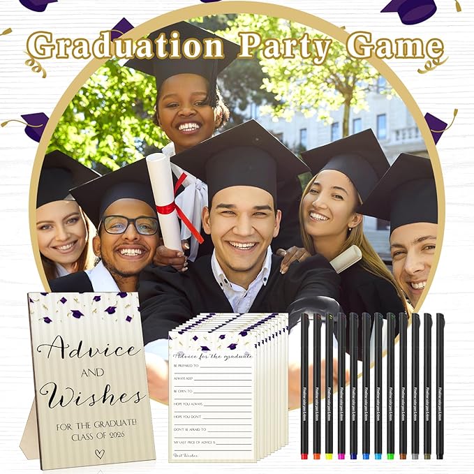 113 Pcs Class of 2026 Graduation Party Favors Include 1 Advice and Wishes Wooden Sign 100 Graduation Advice Cards with 12 Fineliner Ink Pens for The Graduate Class of 2026(Purple)