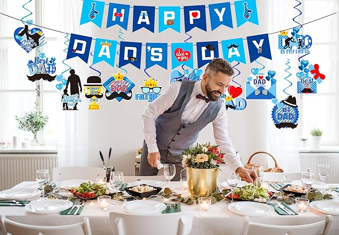 Father's Day Decorations – 1PCS Happy Father's Day Banner & 12PCS Hanging Swirls for Father’s Day Party Supplies