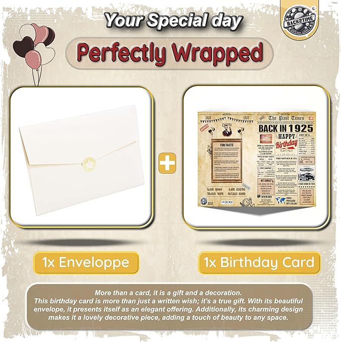 101st Birthday Cards for Men & Women - Back In 1925 Newspaper (A4 Bday Card + Envelope) Large HAPPY BIRTHDAY Decorations for Her Him Vintage Funny card for Wife Husband & Grandparents 101 years