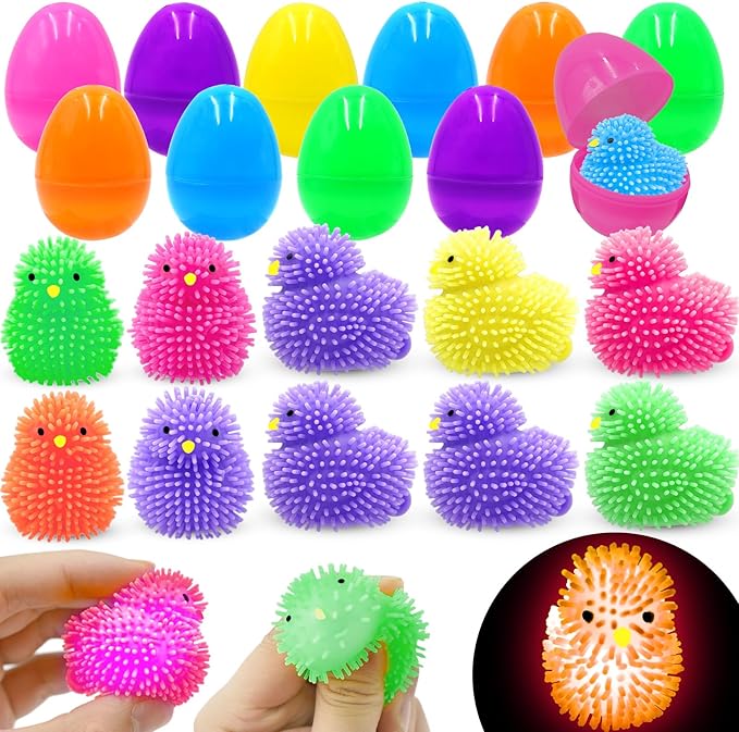 12 Pack Easter Egg Fillers Chick LED Puffer Balls ,LED Light up Toys Flashing Spiky Toys Bulk Glow in The Dark for Kids Boys Girls Classroom Prizes Easter Basket Stuffers Party Favors