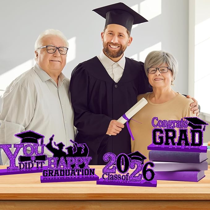 4Pcs Graduation Decorations Class of 2026 Wood Table Centerpieces Congrats Grad Wooden Sign Graduation Table Toppers Congratulate Tiered Tray Decor for 2026 Graduation Party (Purple-Black)