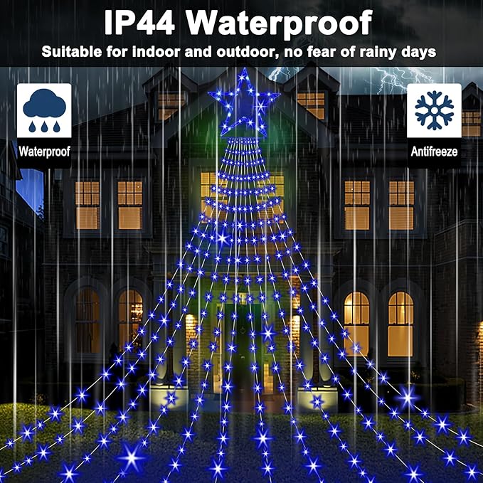 Onory Christmas Outdoor Star String Lights 23FT 860 LED Waterproof Waterfall Tree Lights with Star Topper, 8 Modes Christmas Decorations Outdoor Tree Lights for Patio, Yard, Party Holiday Dec