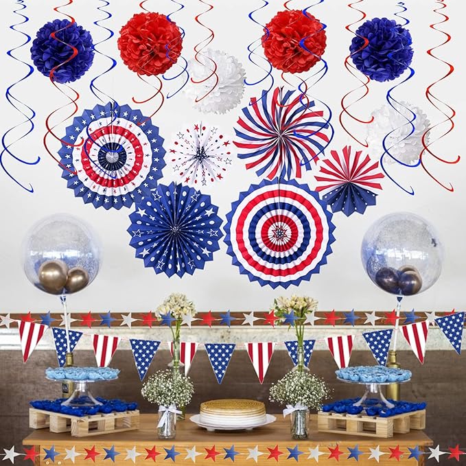 4th of July Patriotic Party Decorations 27 PCS Set, 6 Paper Fan, 6 Flower Ball, 1 USA Flag Pennant, 2 Star Streamer, 12 Swirl Streamer, Independence Day, Memorial Day, Veterans Day Decor Supplies
