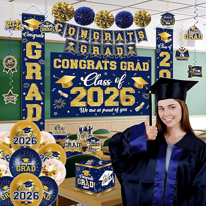 2026 Graduation Decorations - Navy Blue Congrats Grad Party Supplies include Card Box, Backdrop, Banner and Balloons for Class of 2026 Decorations Set