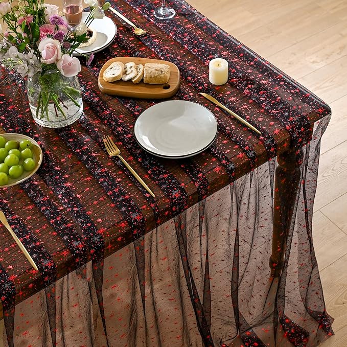 Horaldaily Black Red Gold Sparkling Star Gauze Tablecloth 60x84 Inch Rectangular, Red Star Sequin Glitter Metallic Foil, Sheer Tulle Cheesecloth for Wedding Baby Shower Party