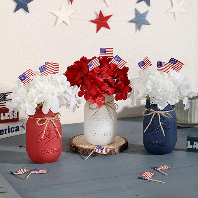 Patriotic Table Decorations, Memorial Day Decor, 250 Anniversary USA Patriotic Mason Jars with Mini American Flags, 4th of July Decorations, Red White and Blue Decor, Patriotic Themed Party Decoration