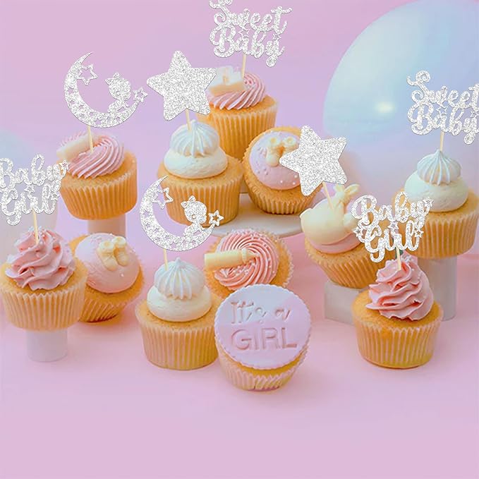 Gyufise 24Pcs Baby Shower Girl Cupcake Toppers with Moon Glitter Star Sweet Baby Gender Reveal Cupcake Picks Decorations for Baby Shower Kids Girls Birthday Party Supplies Silver