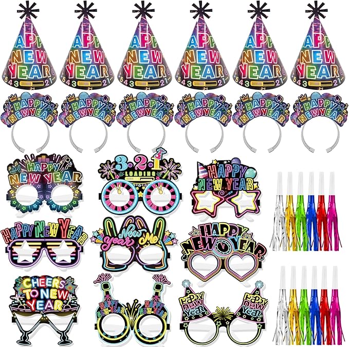 HOWAF 36 Pcs Glitter New Year's Eve Party Supplies Kit, 2026 Happy New Year Eve Shiny Firework Party Supplies-New Year Headband Eyeglasses New Year Top Hats New Year Fringed Noisemaker