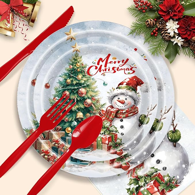 168 PCS Christmas Party Supplies Serve 24 Guests Merry Christmas Plates and Napkins Party Decorations Disposable Dinnerware Set Decor Snowman and tree