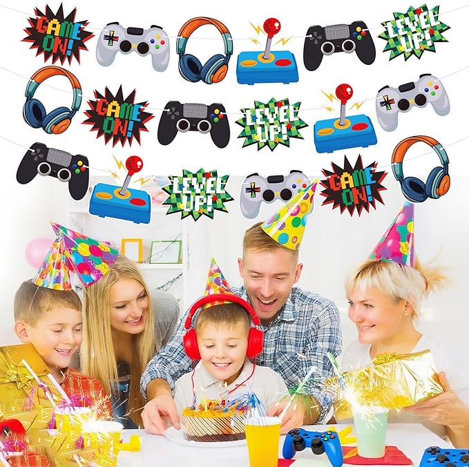 Video Game Happy Birthday Banner - Game On Controllers GamePad Birthday Decorations Party Decor Supplies for Kids, Boys, Girls, Baby Showers