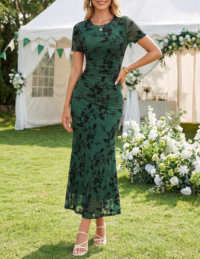 ZESICA Women's Summer Floral Bodycon Long Dress 2026 Ruched Mesh Formal Cocktail Party Wedding Guest Maxi Dresses