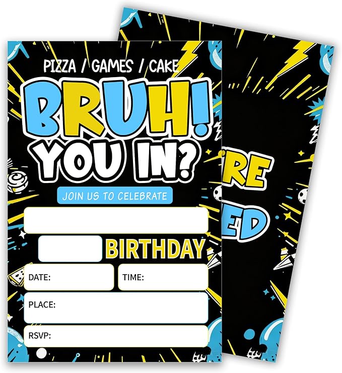 Bruh You In Birthday Invitation, You're Invited Party Invitation Cards for Teen Boys, 4 x 6 Double Sided 20 Count with Envelopes Party Supplies, Fill in Blank