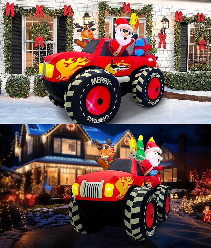 EAONE 7FT Christmas Inflatable Outdoor Decoration, Inflatable Santa Claus & Reindeer on Monster Truck, Blow Up Yard Decorations LED Lighted for Yard, Garden, Lawn, Home Xmas Holiday Decor