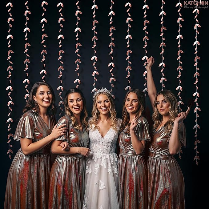 KatchOn, Rose Gold Leaf Garland – Pack of 5 | Hanging Paper Leaves Streamer Banner for Bridal Shower, Baby Shower Decorations | Rose Gold Garland for Birthday Decorations, Bachelorette Party Decor