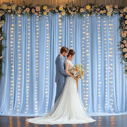 10 x 10ft Baby Blue Polyester Backdrop Curtains with Lights String for Baby Shower, Wedding, Anniversary & More - 2 Pack (5 x 10ft Each) with 9.8ft USB Powered Curtain Lights & 12 Clips