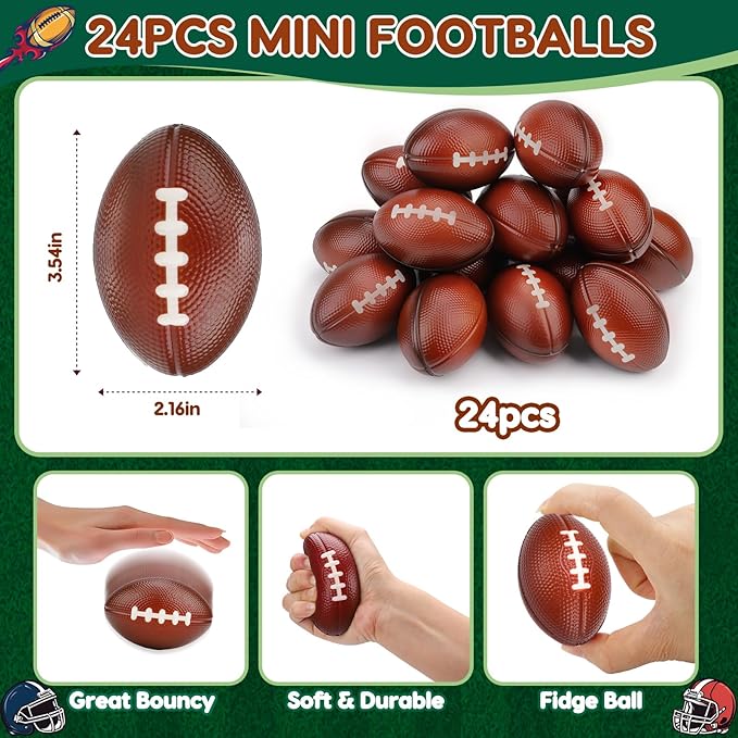 24 Pack Footballs Stress Balls Sport Party Favors for Kids 4-8 8-12 Bulk Foam Football Decorations Goodie Bag Stuffers Easter Basket Fillers Classroom Prizes Boys Footballs Birthday Party Suppliers