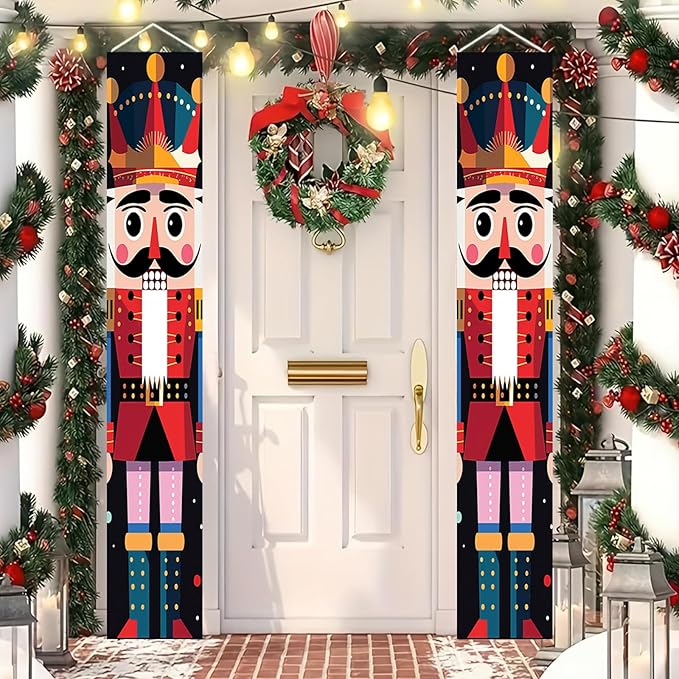 Classic Nutcracker Christmas Door Banner Traditional Toy Soldier Design Festive Holiday Welcome Sign for Front Porch Entryway Outdoor Indoor Home Decor Xmas Theme Seasonal Winter Porch