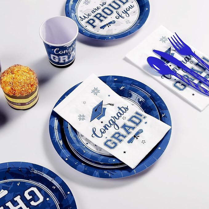Graduation Party Supplies Congrats Grad Plates and Napkins Set Serve 50, Disposable Tableware Paper Plates Napkins Cups Knives Spoons Forks Straws for Class of 2026 Graduation Party Decorations (Blue)
