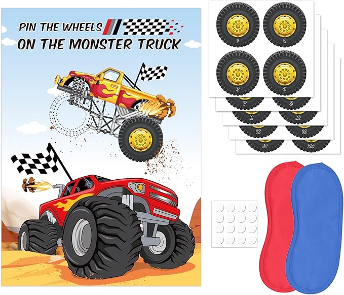 WNINK Pin The Wheels On The Monster Truck Games, Pin The Tail Game Truck Birthday Game with 32 Tyres Stickers, 2 Blindfolds for Car Theme Birthday Party Gifts