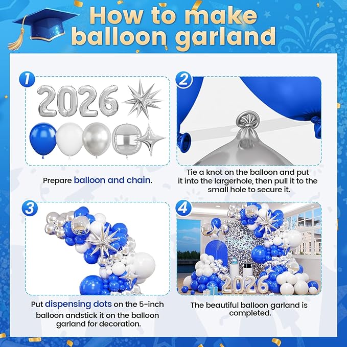 Blue Silver White Balloons Arch Kit, Blue White Balloon Arch with 4D Silver Star Graduation 2026 Foil Balloon Banner, Royal Metallic Balloons for Class of 2026 Graduation Decoration Birthday Party