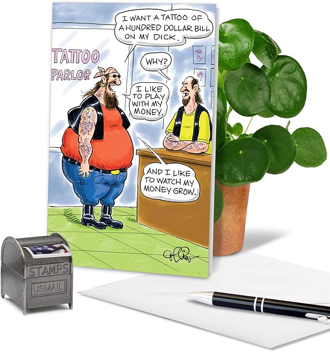 NobleWorks - 1 Cartoon Happy Birthday Card Funny - Hilarious Comic Greeting, Notecard with Envelope - 100-Dollar Tattoo 4767
