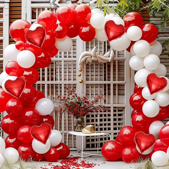 Red White Balloon Garland Arch Kit, 160Pcs Red and White Balloons with Heart Foil Balloons for Romantic Wedding Birthday Party Bridal Shower Valentines Day Decorations