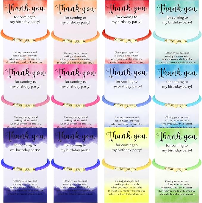 Birthday Party Favor Bracelets Beaded Rainbow Clay Bracelet with Thank You Card Gift for Birthday Party Supplies Bags Suffer with Different Themes(24 Sets,Heart)