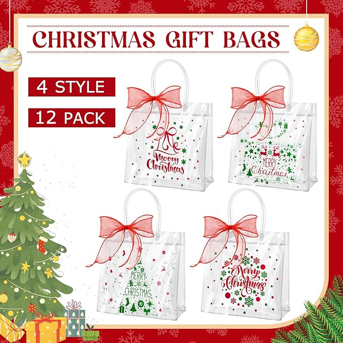 Henoyso 12 Pcs Christmas Clear Gift Bags Plastic Candy Treat Goodie Bags Red Foil Santa PVC Wrap Totes with Handles and Ribbon Xmas Party Favors (Merry Christmas,7.8 x 7.8 x 3.1 Inch)