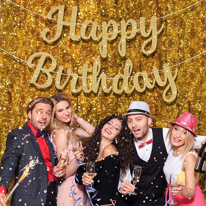 Glitter Happy Birthday Banner Sign Birthday Garland Wall Door Banners Flag for Women Men Boys Girls Party Backdrop Decorations Gold