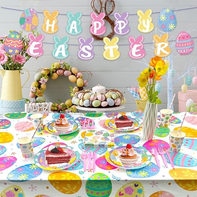 194Pcs Easter Paper Plates & Napkins Sets, Easters Dinnerware/Tableware Sets Including Cups Straws Plastic Cutlery Banner Disposable Tablecloth for Easter Party Supplies Decor,Serves 24 Guests