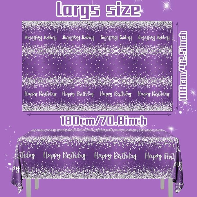 Purple and Silver Birthday Party Supplies,3pcs Purple Glitter Sliver Birthday Party Tablecloth Waterproof pur ple Theme Table Cover for Girl Women Birth Day Supplies