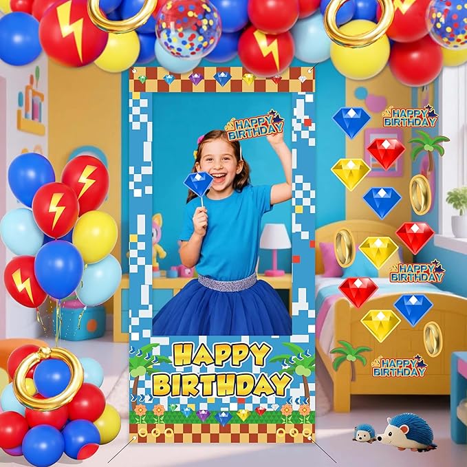 Birthday Decorations for Boys,Happy Birthday Banner, 30 Balloons,Gold Ring Foil Balloon,Photo Booth Props for Men (Hedgehog)