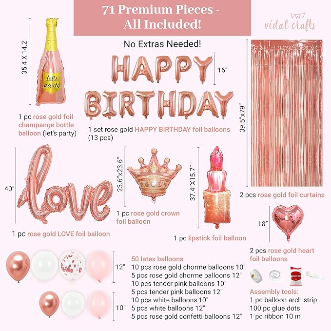 VIDAL CRAFTS 71-Piece Rose Gold Birthday Decorations for Women - Party Backdrop with Latex, Foil & Confetti Balloons, Happy Birthday Decorations Banner & Rose Gold Foil Fringe Curtains