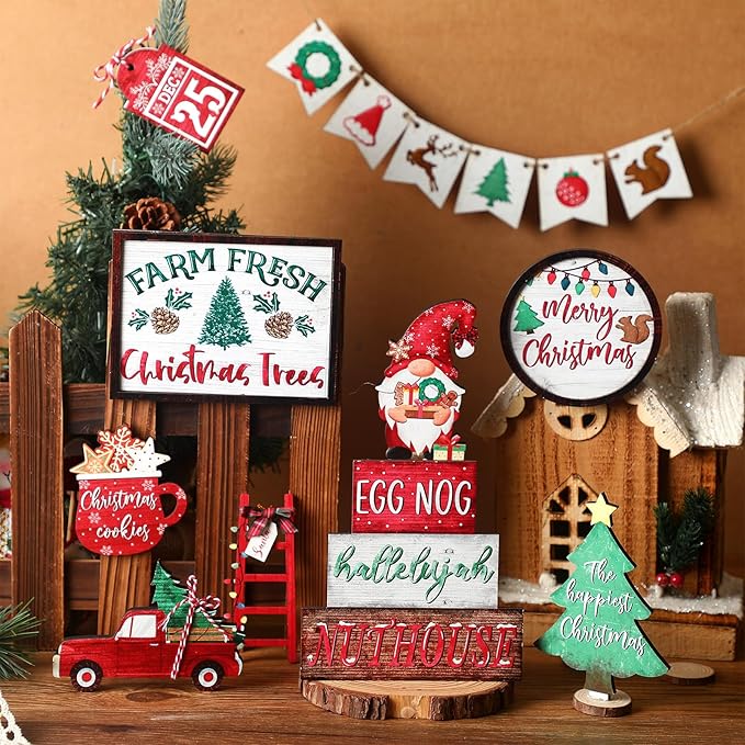 Christmas Tiered Tray Decor Set Christmas Wooden Sign Decor Rustic Farmhouse Gnome Snowflakes Table Sign for Bedroom Desk Office Party Supplies