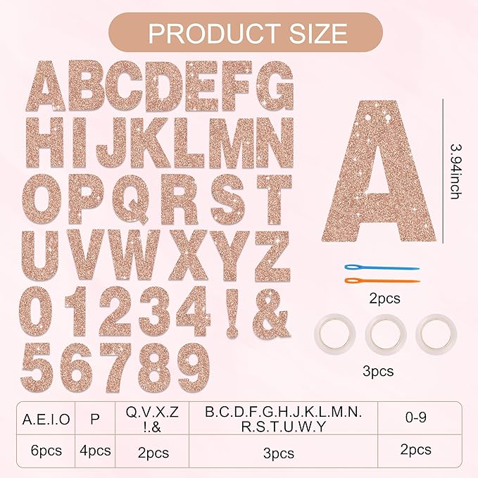 BEISHIDA 116 PCS A-Z DIY Letter Banner Kit Make Your Own Banner Glitter Rose Gold Including 111 Letters and Numbers 3 Rope and 2 Threading Device,Customized for Birthday Graduation Wedding Party Decor