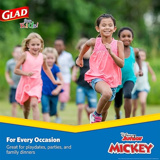Glad for Kids Disney Mickey and Friends Disposable Paper Plates for Snacks and Meals, Heavy Duty Soak Proof Cut Resistant Microwave Safe Kids Plates, Party Pack, 8.5 Inch, 40 Count