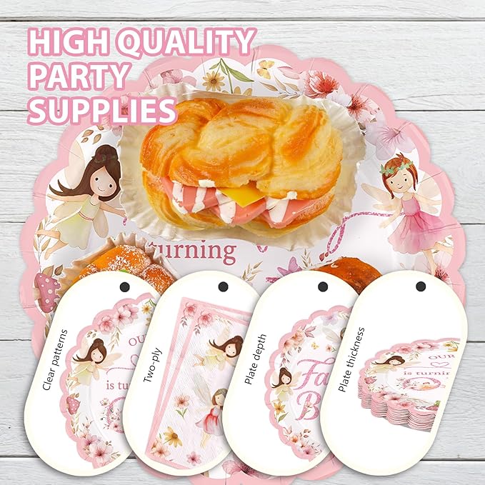 168 Pcs Fairy First Birthday Party Decorations Floral Fairy 1st Birthday Scalloped Plates Napkins Cups Forks Knives Spoons Pink Flowers Tableware Set for Girls One Year Old Party Supplies Serves 24