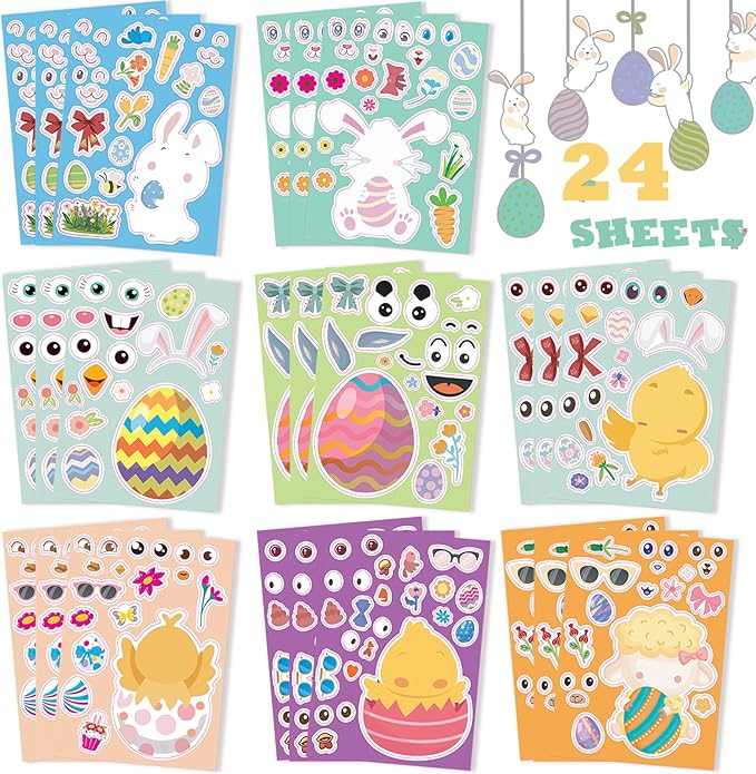 24 Sheets Easter Stickers for Kids - DIY Happy Egg Bunny Stickers Bulk Basket Stuffers Fillers for Toddlers Girls Boys, Kids Easter Crafts Classroom Gifts Games Activities Decor Party Favor Supplies