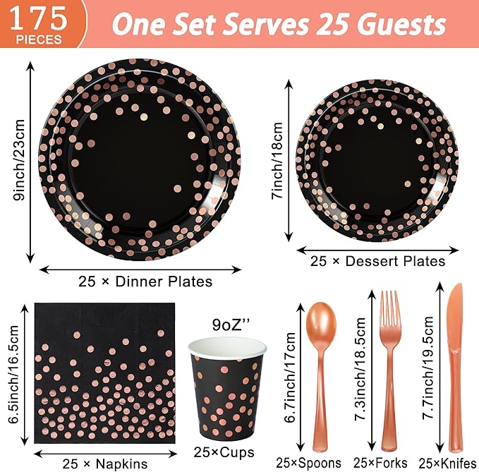 175 Pcs Black and Rose Gold Party Supplies, Disposable Party Dinnerware Gold Plastic Forks Knives Spoons Black Rose Golden Dot Plates Cups Napkins for Birthday Wedding Serves 25