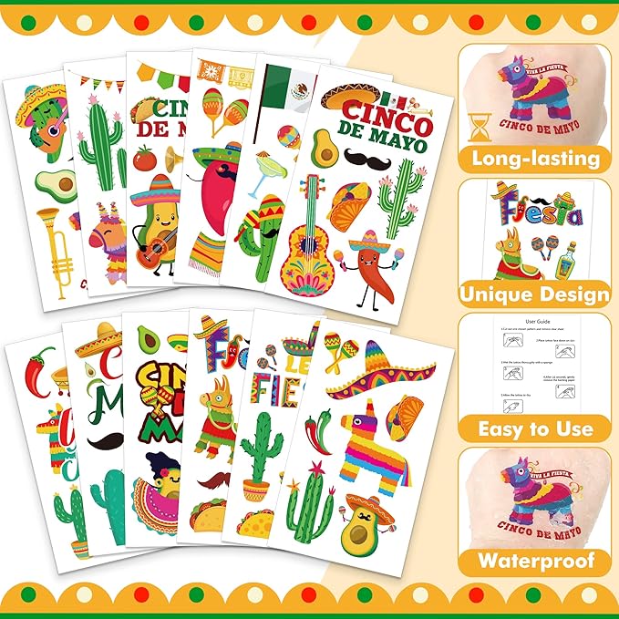 12 Sheets Fiesta Temporary Tattoos, Cinco De Mayo Stickers with Taco Pinata Cactus for Adults, Mexican Fake Tattoos for Cinco De Mayo Party Favors Supplies Accessories