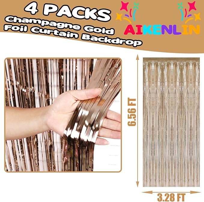 4 Pack 3.3Ft x 6.6Ft Champagne Gold Foil Fringe Curtain Backdrop, Metallic Tinsel Foil Fringe Streamers Curtains Background for Photo Booth, Birthday, Wedding, Valentine's Day Party Decoration