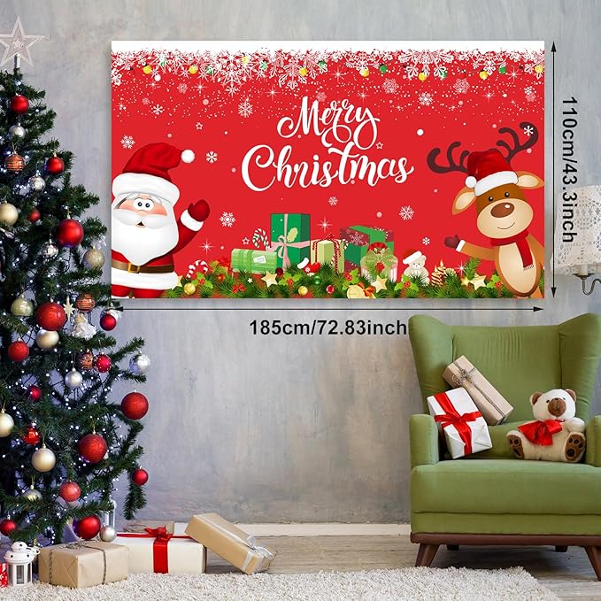 Christmas Party Decorations Set Includes Christmas Santa Claus Snowflakes Backdrop Table Covers Multi Color Balloons Foil Santa Claus and Deer Balloons for Xmas Party Supplies Favors (Classic Style)