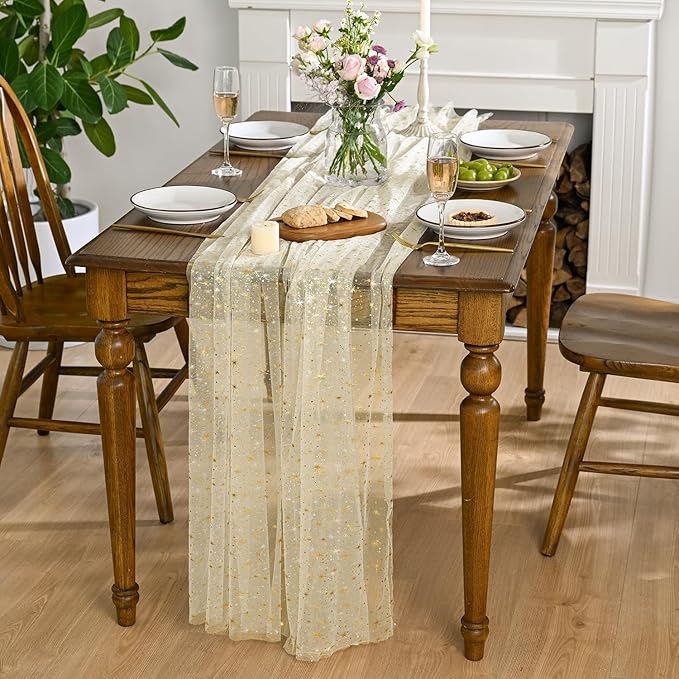 Horaldaily Beige Gold Sparkling Star Gauze Tablecloth 60x140 Inch Rectangular, Golden Star Sequin Glitter Metallic Foil, Sheer Tulle Cheesecloth for Wedding Baby Shower Party