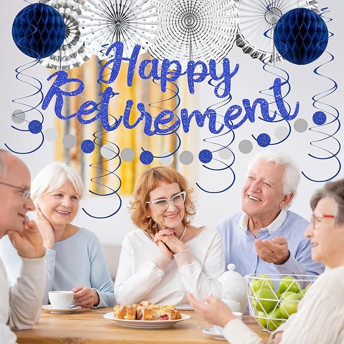 Holkcog Blue Retirement Party Decorations for Men Women, Silver Blue 19pc Happy Retired Banner,Paper Lanterns Streamers,Tissue Pom Poms Honeycomb Flower Fan, Coworker Hanging Retired Decor Supply